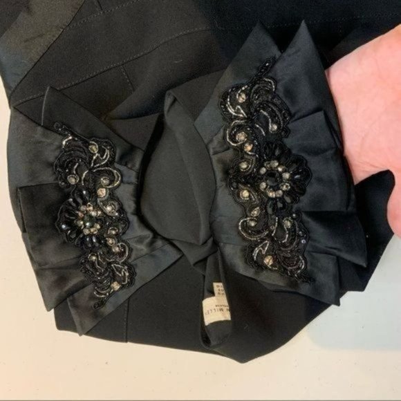 KAREN MILLEN BOAT NECK SILK ACCENT EMBELLISHED SHEATH DRESS KNEE LENGTH BLACK 8 - Picture 6 of 13